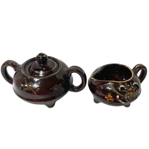 Brown Betty Cream & Sugar Handpainted Made in Japan Moriage Vintage Red Clay - Picture 2 of 9